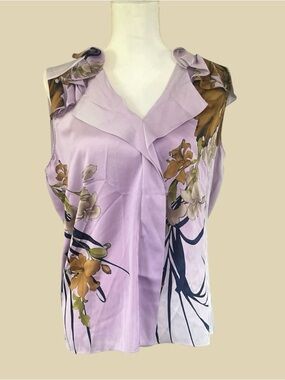 Elie Tahari Floral Silk Ruffle Neck Lavender Blouse Size Large